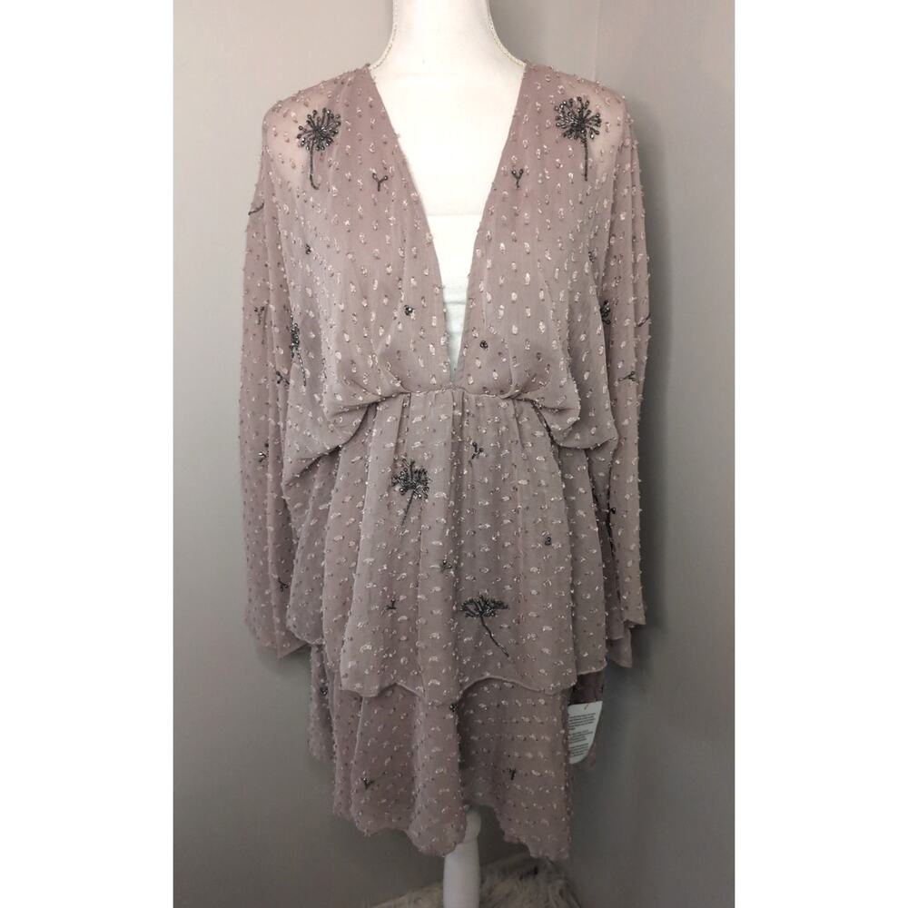 ASOS DESIGN Beaded Floral Dobby Tiered Mini Dress Taupe Size 8